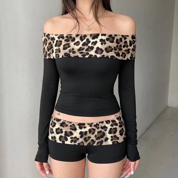 Leopard Print Spandex Off The Shoulder Top Long Sleeve Tops Cropped Long Sleeve - Picture 5 of 5